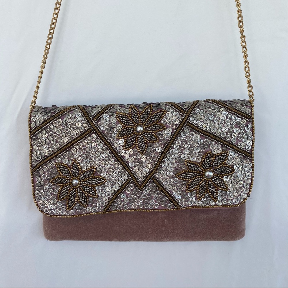 Francesca’s Mauve Beaded Envelop Crossbody Purse with Gold Chain